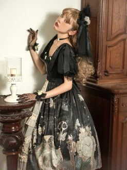 Butterfly Mankong Series Elegant Generous Collar The Clock Butterfly Print Polka Dot Mesh Open Placket Classic Lolita Short-Sleeved Dress -NAUS Lolita Shop 8 500x672 237