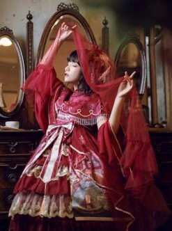 Chinoiserie Vintage Gorgeous Print Bow Lace Fringe Fake Collar Detachable Design Classic Lolita Sleeveless Dress -NAUS Lolita Shop 8 500x672 241