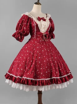 Classic Lolita Retro Solid Color Star Shape Embellishment Design Pleated Neckline Bow Knot Decoration Short Sleeve Dress -NAUS Lolita Shop 8 500x672 249