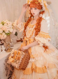 Flower Garden Series OP Apricot Yellow Pastoral Retro Girl Style Delicate Lace Jacquard Trim Classic Lolita Short Sleeve Dress -NAUS Lolita Shop 8 500x672 260