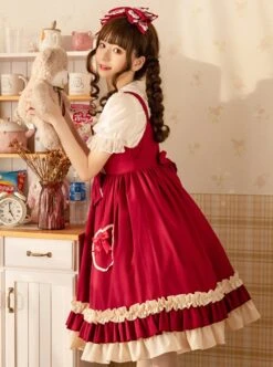 Hawthorn Milk Cover Series Red Cute Daily Lace Bow-Knot Love Heart Decoration Ruffle Hem Classic Lolita Sleeveless Dress -NAUS Lolita Shop 8 500x672 263