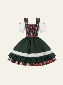 Kirino Forest Series Chinese Style Dark Green Northeast Big Flower Pastoral Style Classic Lolita Puff Sleeves Dress -NAUS Lolita Shop 8 500x672 272