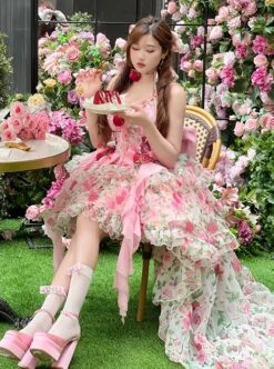 Rose Floral Print Stereoscopic Rose Bowknot Decoration Oversized Bowknot Trailing Design Backless Classic Lolita Sleeveless Dress -NAUS Lolita Shop 8 500x672 278