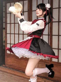 Chinese Style Stand Collar Hollow Black Red Asymmetric Hem Design Lace Puff Sleeves Bowknot Decoration Classic Lolita Long Sleeve Dress -NAUS Lolita Shop 8 500x672 279