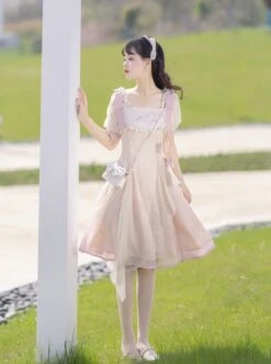 Chinese Style Pink Elegant Square Neck Embroidered Slim Fit Han Element Irregular Hem Classic Lolita Short Sleeve Dress -NAUS Lolita Shop 8 500x672 285