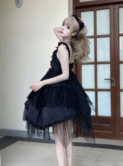 Moon God Dawn Series Irregular Mesh Hem Dark Jacquard Ruffle Slim Fit Rose Classic Lolita Sleeveless Dress -NAUS Lolita Shop 8 500x672 290