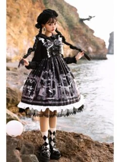 Lost Dreams Series JSK Bowknot Retro Printing Darkness Gothic Lolita Sling Dress -NAUS Lolita Shop 8 500x672 312
