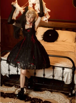 Floating Moon Dark Night Series JSK Dark Night Black Organza Gothic Lolita Sling Dress -NAUS Lolita Shop 8 500x672 321