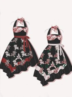Large Bow High Waist Print Elegant Halter Detachable Belt Irregular Gothic Lolita Sleeveless Dress -NAUS Lolita Shop 8 500x672 327