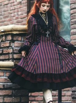 Gothic Style Elegant Retro Stand Collar Stripe Contrasting Color Slim Fit Gothic Lolita Long Sleeve Dress -NAUS Lolita Shop 8 500x672 335