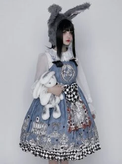Gothic Style Alice Poker Black-White Plaid Printing Gray Blue Gothic Lolita Sleeveless Dress -NAUS Lolita Shop 8 500x672 340