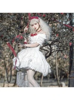 Letters And Poems Gunpowder Series White Pleated Lace Jacquard Drawstring Red Rose Embellishment PU Personalized Girdle Gothic Lolita Dress Set -NAUS Lolita Shop 8 500x672 341