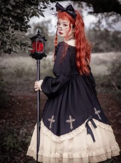 Starry Night Series Round Neck Bowknot Cute Girly Cross Embroidery Ruffle Hem Gothic Lolita Long Sleeve Dress -NAUS Lolita Shop 8 500x672 347