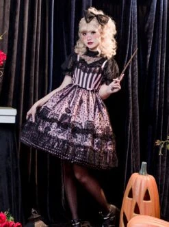 Striped Witch Cat Print Detachable Black Star Lace Net Yarn Halloween Gothic Lolita Sleeveless Dress -NAUS Lolita Shop 8 500x672 355