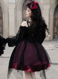 Solid Color Two-Wear Off-The-Shoulder Lantern Sleeve Metal Chain Waistband Irregular Hem Gothic Lolita Long-Sleeved Dress -NAUS Lolita Shop 8 500x672 356