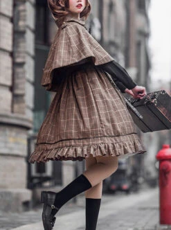 Little Detective Series JSK School Lolita Brown Plaid Sling Dress And Cloak -NAUS Lolita Shop 8 500x672 380