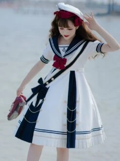 Navy Style Stripe Navy Collar Bow-Knot Detachable School Lolita Short Sleeve Dress -NAUS Lolita Shop 8 500x672 381