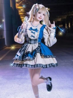 Sweet-Cool Girl Square Collar Bowknot Lace Decoration Denim Plaid Contrast Color Splicing Irregular Sweet Lolita Long-Sleeved Dress -NAUS Lolita Shop 8 500x672 517