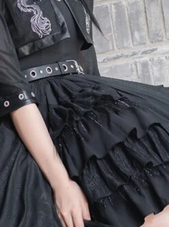 Chinese Style Black Stand-Up Collar Off-The-Shoulder Mid-Sleeve Embroidered Short Coat Metal Decorate Hem Punk Lolita Sleeveless Dress Suit -NAUS Lolita Shop 8 500x672 545