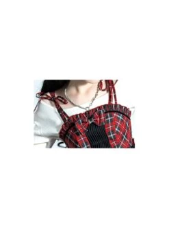 Punk Lolita Bowknot Plaid Black Single Row Pleats Double Lace Drawstring Irregular Hem Design Sling Dress -NAUS Lolita Shop 8 500x672 557