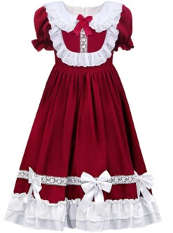 White Lace Doll Collar Wine Red Pure Color Children Lolita Short Sleeve Dress -NAUS Lolita Shop 8 500x672 566