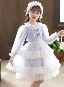 Bowknot White Tulle Lace Children Sweet Lolita Kids Plaid Long Sleeve Dress -NAUS Lolita Shop 8 500x672 568