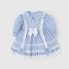 Blue Lovely Petal Collar Embroidered Pleated Ruffle Lace Lantern Sleeve Bow Classic Lolita Kids Long Sleeve Dress