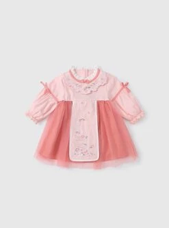 Chinese Hanfu Style Delicate Floral Embroidery Irregular Pleated Button Neckline Pink Long Sleeve Kid Dress -NAUS Lolita Shop 8 500x672 586