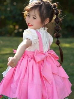 Lace Round Neck Broken Flowers Apron Cute Puff Sleeve Blue Plaid Little Maid Sweet Lolita Kids Short-Sleeved Dress -NAUS Lolita Shop 8 500x672 590