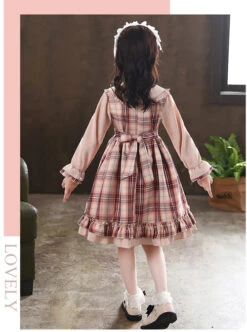 Doll Collar Bowknot Children School Lolita Kids Plaid Long Sleeve Dress -NAUS Lolita Shop 8 500x672 602