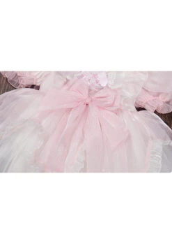 Cute Lotus Leaf Collar Pink Bow Decoration Double Pleated Hem Children Lolita Kids Puff Sleeve Dress -NAUS Lolita Shop 8 500x672 611