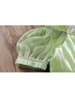 Solid Color Grass Green Streamer Yarn Cute Pleated Sweet Puff Sleeves Pearl Neckline Decoration Sweet Lolita Kids Dress -NAUS Lolita Shop 8 500x672 612
