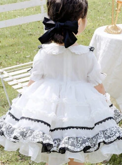 White Musical Note Lace Black Bowknot Children Sweet Lolita Doll Collar Short Sleeve Dress -NAUS Lolita Shop 8 500x672 621