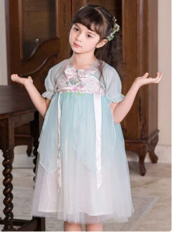 Chinese Style Cute Delicate Flower Embroidery Decoration Light Green Mesh Children Lolita Kids Short Sleeve Dress -NAUS Lolita Shop 8 500x672 623