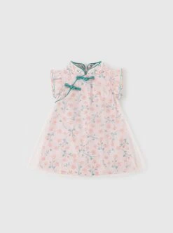 Improved Cheongsam Pink Floral Flower Print Decoration Chinese Style Buckle Design Classic Lolita Mesh Kid Dress -NAUS Lolita Shop 8 500x672 625