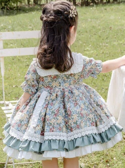 Green Small Floral Printing White Bowknot Kids Classic Lolita Short Sleeve Dress -NAUS Lolita Shop 8 500x672 632
