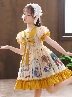 Cute Bunny Printing Retro Navy Style Collar Children Sweet Lolita Short Sleeve Dress -NAUS Lolita Shop 8 500x672 634