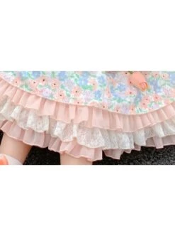 Cute Pink Floral Print Ruched Lace Ruffle Trim Pearl Bow Classic Lolita Long Sleeve Kid Dress -NAUS Lolita Shop 8 500x672 638