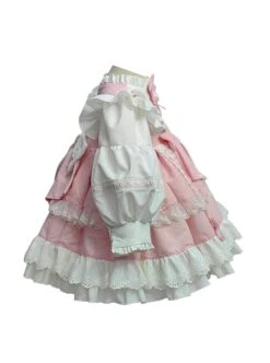 Pink Cute Princess Fluffy Bowknots Puff Sleeves White Ruffles Floral Lace Kids Sweet Lolita Long Sleeves Dress