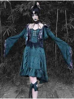 Lust Snake Series Jacquard Black Lace Halter Improve Cheongsam Gothic Sexy Blackish Green Drawstring Small A-line Hem Dress -NAUS Lolita Shop 8 500x672 651