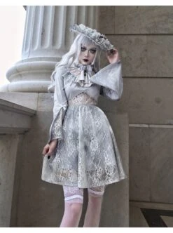 Rose Funeral Series White Gothic Dirty Dyed Halloween Belly Hollowed Out Medieval Gray Long Sleeve Dress -NAUS Lolita Shop 8 500x672 655