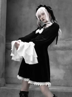 White Lace Black Velour Gothic Long Sleeve Lantern Sleeve Bowknot Dress -NAUS Lolita Shop 8 500x672 659