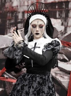 Halloween Gothic Turtleneck Lace Design Velvet Jacquard Large Crucifix Decorative Pumpkin Skirt Hem Long Sleeve Dress -NAUS Lolita Shop 8 500x672 661