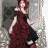 Hades Banquet Series Reddish Black Jacquard Lace Layered Pleated Hem Gothic Off-The-Shoulder Design Brooch Decoration Dress
