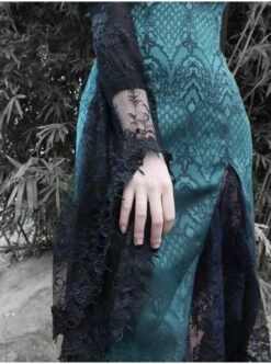 Lust Snake Series Improved Cheongsam Stand Collar Green Duckweed Jacquard Black Lace Gothic Split Dress 12 Lust Snake Series Improved Cheongsam Stand Collar Green Duckweed Jacquard Black Lace Gothic Split Dress -NAUS Lolita Shop 8 500x672 669