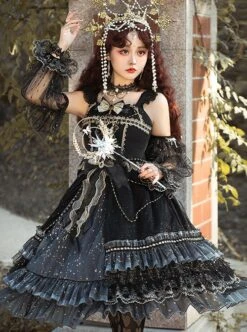 Starry Night Series Organza Palace-Style Jacquard Lace Trim Beaded Decoration Black Sleeveless Classic Lolita Dress Set -NAUS Lolita Shop 8 500x672 92