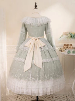 Delicate Ornate Pleated Embroidered Lace Layered Hem Cross Straps Bow Knot Classic Lolita Long Sleeve Dress -NAUS Lolita Shop 8 500x672 93