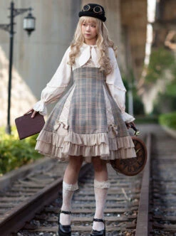 Backlight Memories Record Grey Khaki Check Design Cross Tie Bow Knots Grace Pleated Lace Classic Lolita Slip Dress -NAUS Lolita Shop 8 500x672 94