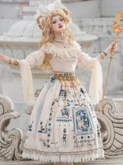 Egyptian Style Gorgeous Elegant Retro Black Cat Print Lace Round Neck Classic Lolita Sleeveless Dress Small Girdle Set -NAUS Lolita Shop 9 500x672 114