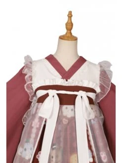 Chinese Style Chiffon Ruffled Pleats Sweet High Waist Tie RopePuppy Print Bow Knot Decoration Classic Lolita OP Dress Set -NAUS Lolita Shop 9 500x672 117